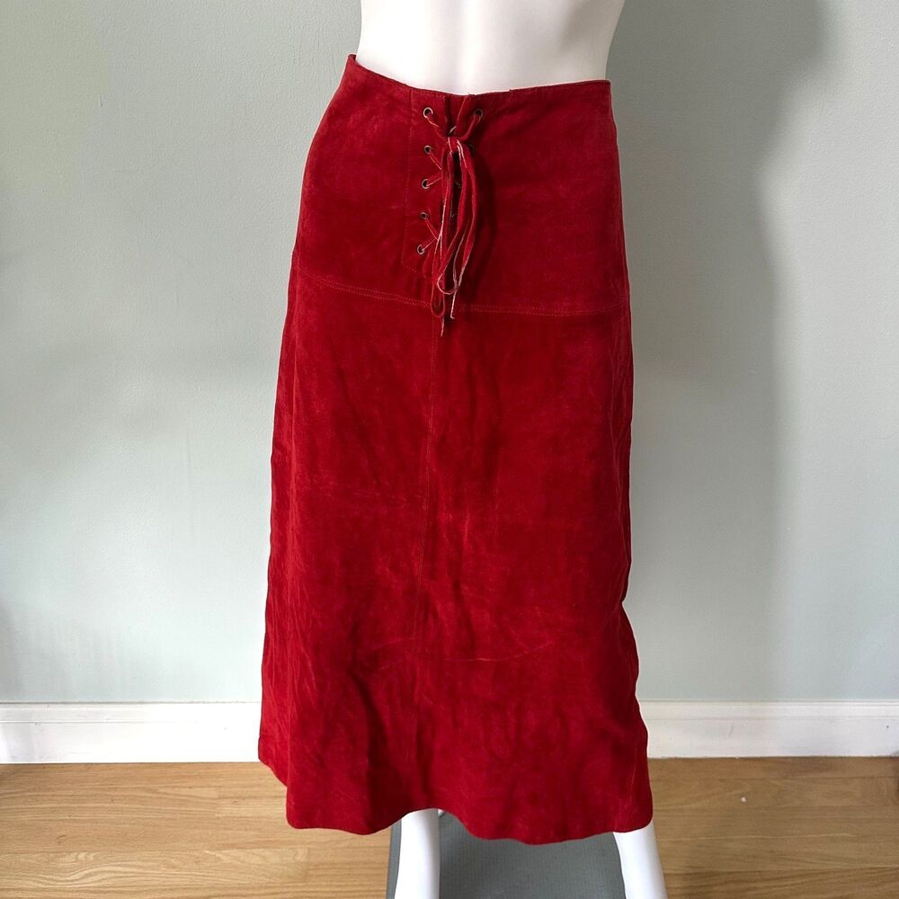 Red Suede Lace Up Corset Midi Skirt Womens Size 8 High Waist Western Festival